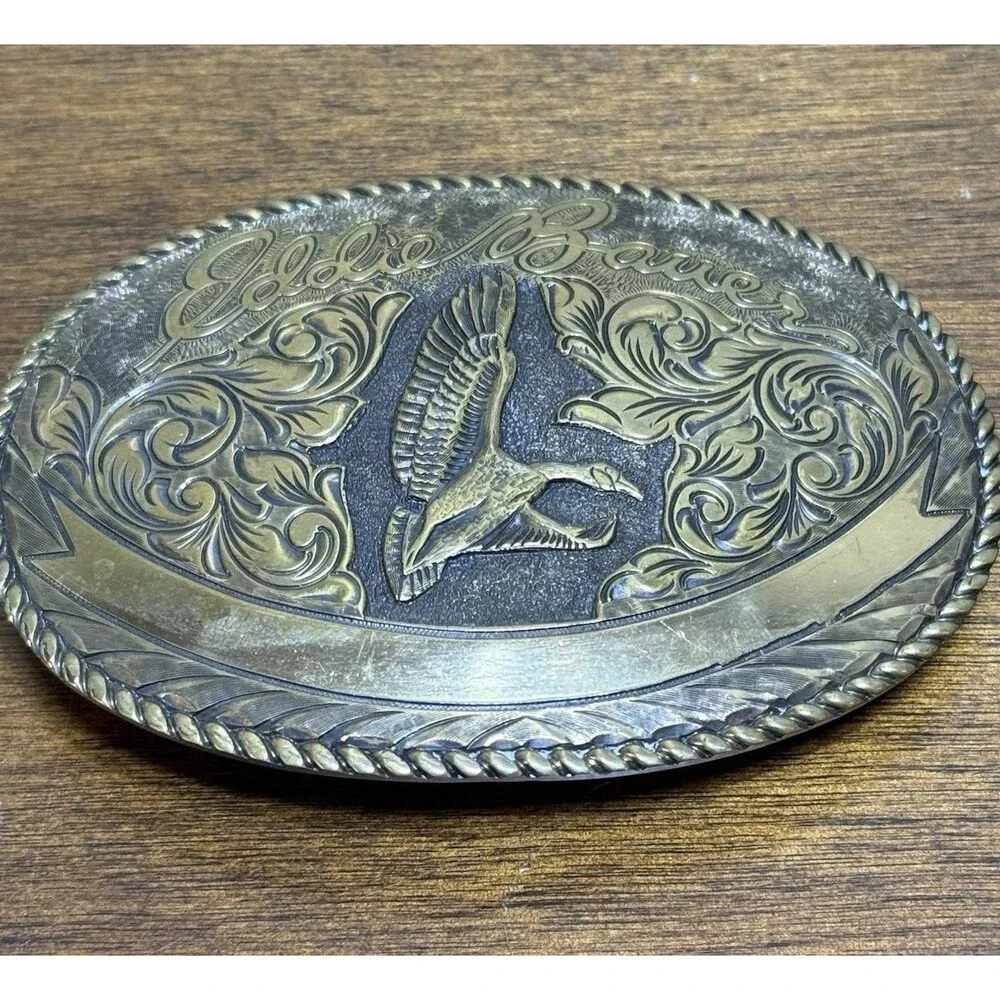 Eddie Bauer Solid Brass Belt Buckle Goose Duck Hunting Blank Engraving Banner
